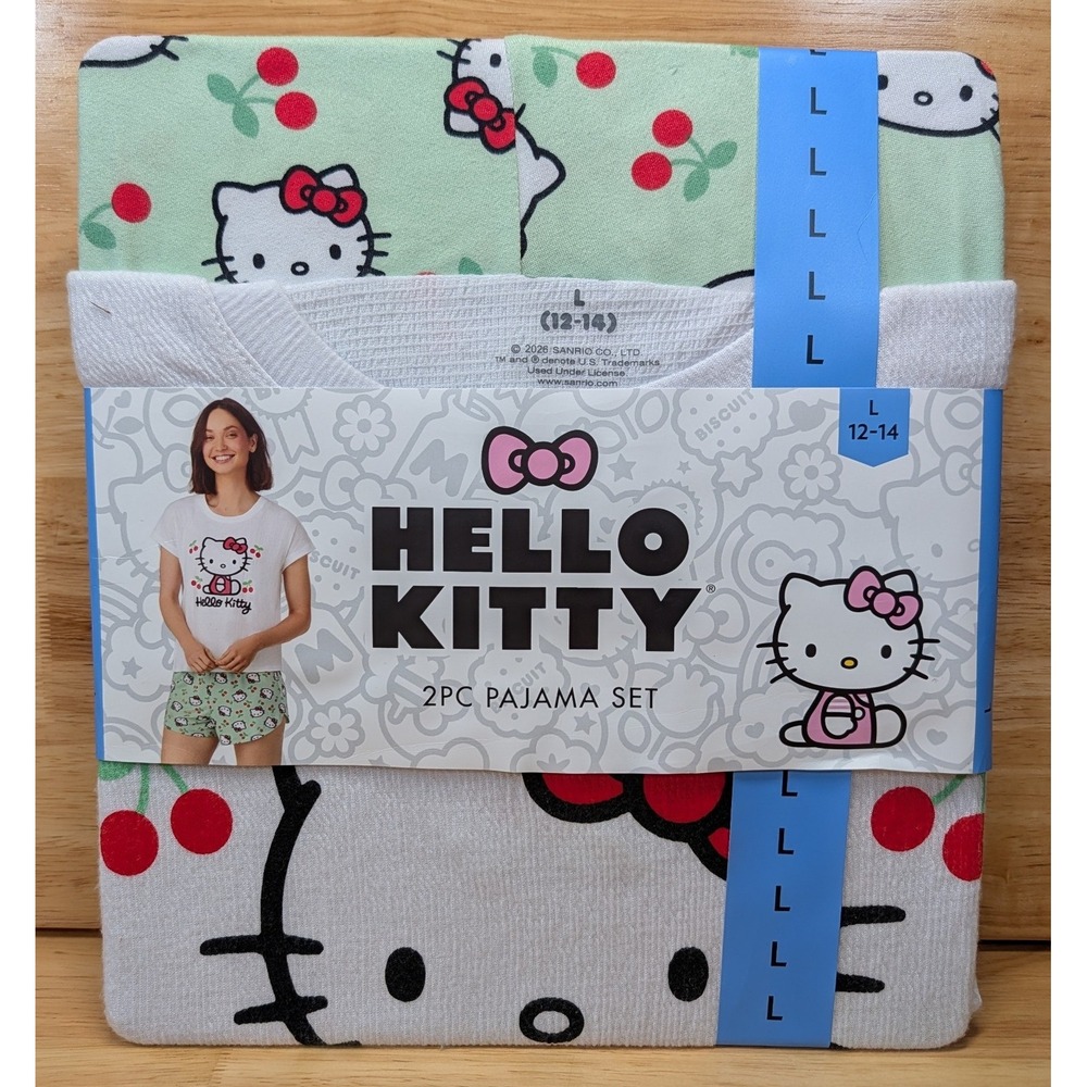 Hello Kitty 2PC Pajama Set Waffle Knit Top Cherry Print Short Sage White L 12-14